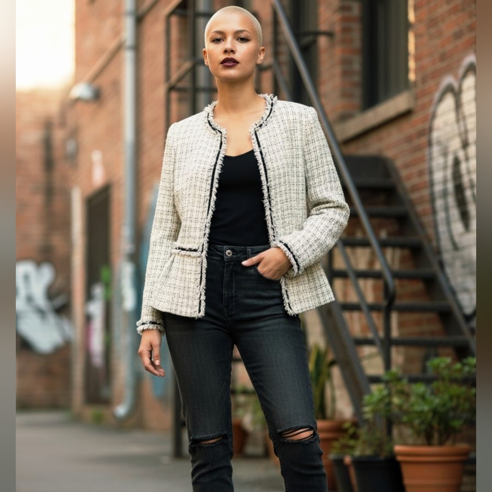 Zara Cream Tweed Frayed Edge Blazer